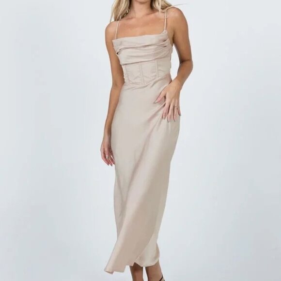 Princess Polly Lillie Midi Dress Beige sz 10 Prom Formal Wedding Guest Dress - Picture 1 of 12